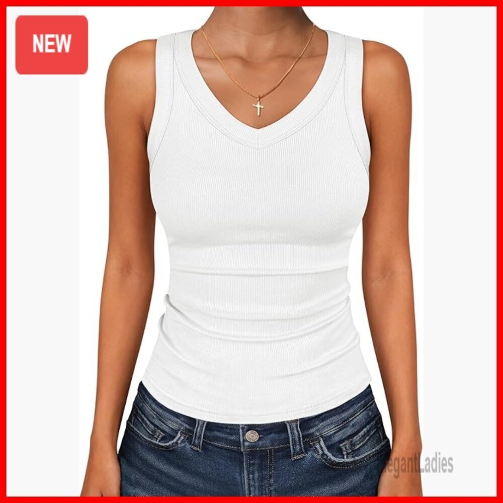 V-Neck Ribbed Tank Top Slim Fit Rayon Blend Sleeveless Basic Tee